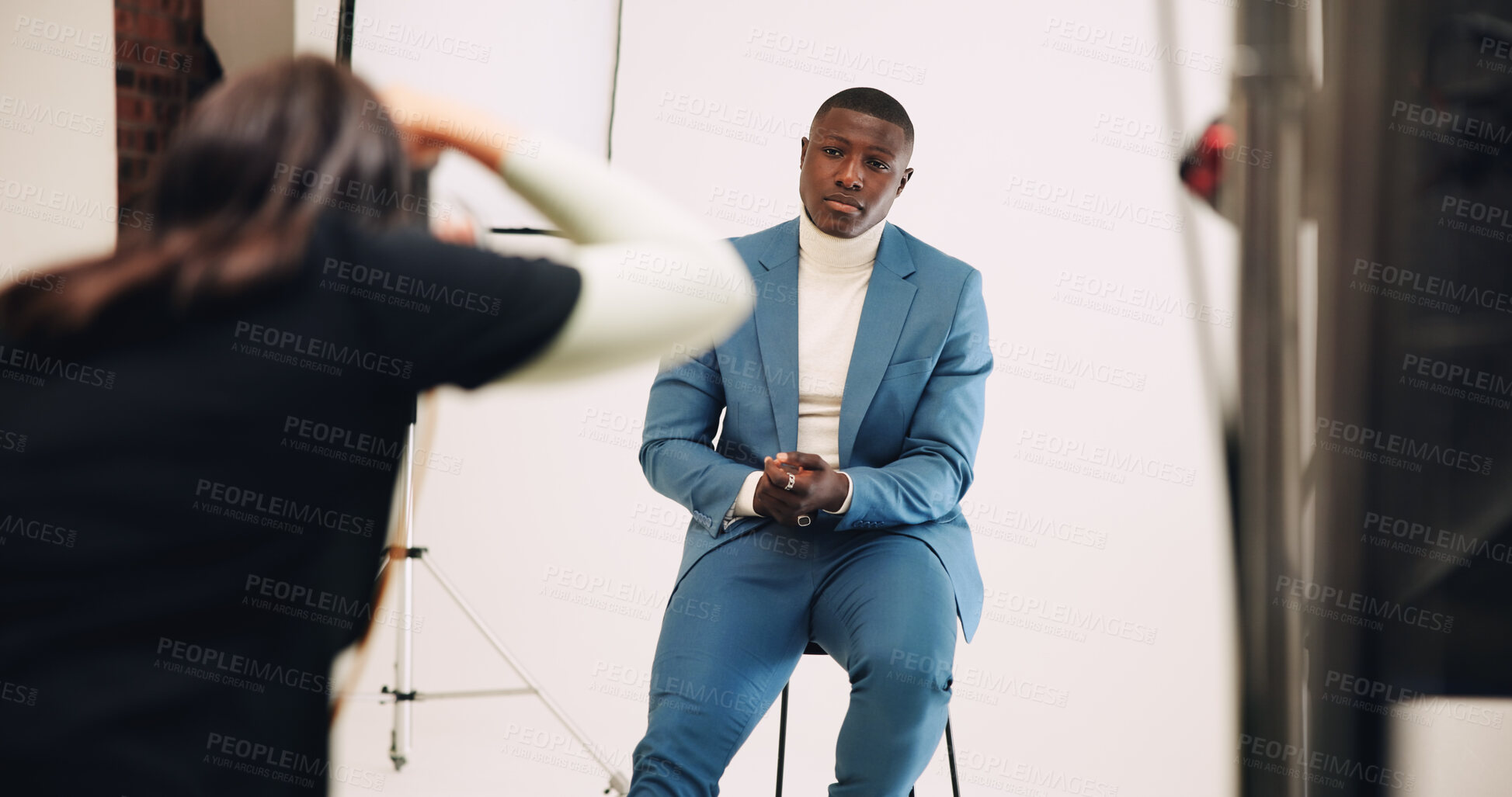 Buy stock photo Model, photography and production with man in studio business headshot, about us and profile picture. Professional branding, resume shooting and behind the scenes with people on set for photoshoot