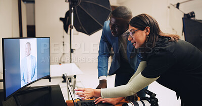 Buy stock photo Computer, photography and team of people in studio with results for editing, selection and process. Photographer, creative and woman with male model on tech for post production, planning and design