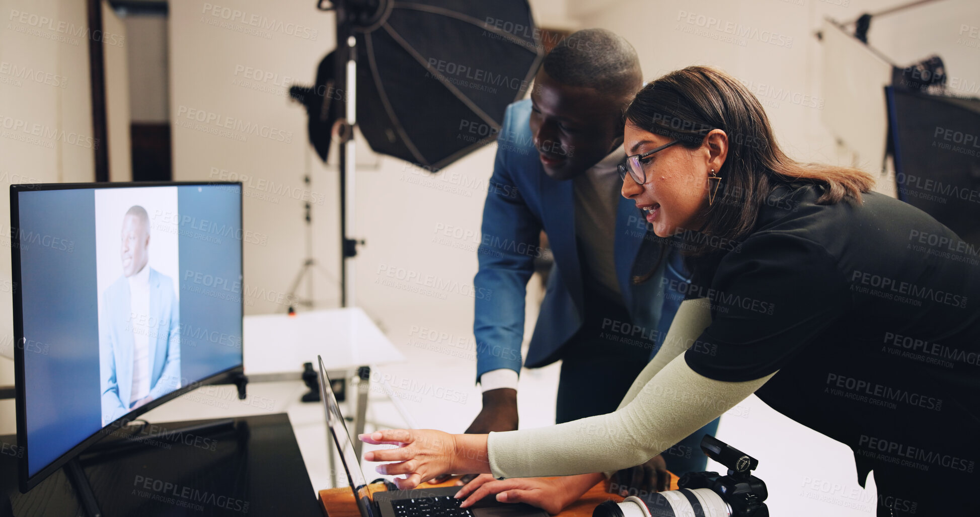 Buy stock photo Computer, photography and team of people in studio with results for editing, selection and process. Photographer, creative and woman with male model on tech for post production, planning and design