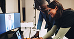 Computer, photographer and team of people in studio with results for editing, selection and process. Photography, creative and woman with male model on tech for post production, planning and design