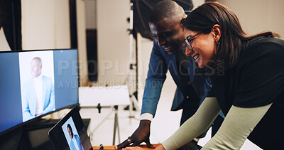 Buy stock photo Computer, photographer and team of people in studio with results for editing, selection and process. Photography, creative and woman with male model on tech for post production, planning and design