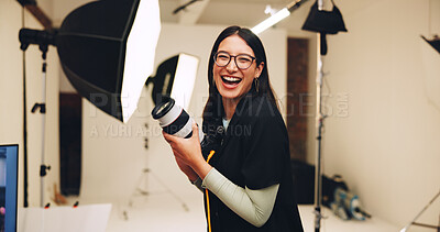 Buy stock photo Camera, photographer and woman laughing in production studio for picture, photoshoot and portrait. Technology, photography and creative person behind the scenes with lens for filming or funny media