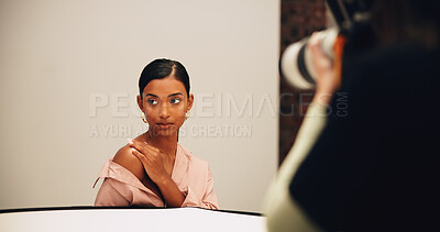 Buy stock photo Photography, model and woman in studio with camera for behind the scenes, photo shoot and production. Creative, media and photographer with person for beauty campaign, fashion and magazine catalogue