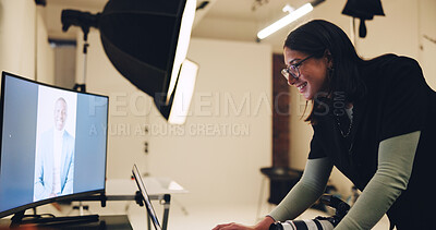 Buy stock photo Computer, photographer and woman in studio with results for editing, image selection and process. Photography, creative set and person with model on tech for post production, planning and design
