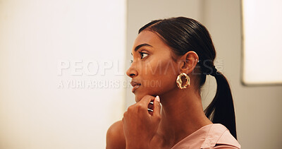 Buy stock photo Profile, thinking and woman with fashion, stylish clothes and confident personality with space. Indian person, mockup and model with casual outfit, trendy and gen z with pride, beauty and aesthetic