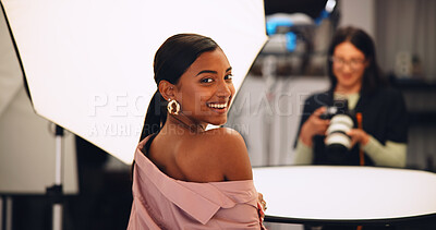 Buy stock photo Photography, on set and model with portrait in studio for fashion catalog, magazine cover or filming. Behind the scenes, woman and happy with photographer for photoshoot, brand campaign and lookbook
