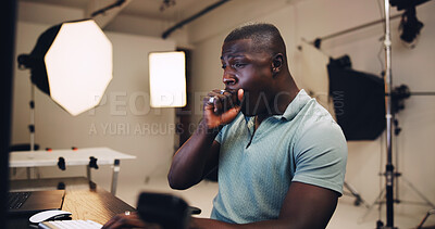 Buy stock photo Photography, editor and tired with black man in studio for photoshoot, deadline or retouching. Burnout yawn, production process and fatigue with person on set for overworked, airbrush or media export