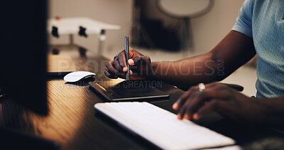 Buy stock photo Photography, editor and hands with black man in studio for photoshoot, planning and retouching. Drawing pad, production process and creative with person on set for project, airbrush and media export