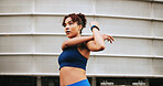 Stretching, fitness and woman in city for exercise preparation, wellness and health. Warm up muscle, arms and runner outdoor for sports, practice and getting ready to start training with space