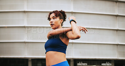 Buy stock photo Stretching, fitness and woman in city for exercise preparation, wellness and health. Warm up muscle, arms and runner outdoor for sports, practice and getting ready to start training with space