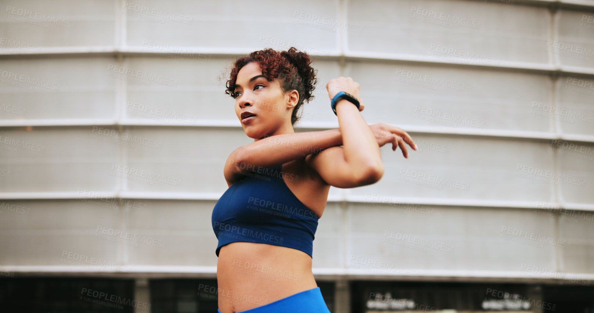 Buy stock photo Stretching, fitness and woman in city for exercise preparation, wellness and health. Warm up muscle, arms and runner outdoor for sports, practice and getting ready to start training with space