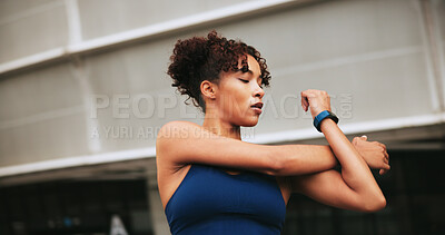 Buy stock photo Stretching, fitness and woman in city for workout preparation, wellness and health. Warm up muscle, arms and runner outdoor for sports, practice and getting ready to start training with flexibility