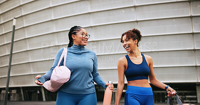 Buy stock photo Fitness, laughing and team with women in city for support, athlete and solidarity. Health, wellness and commitment with friends or people outdoor for training partner, exercise club and sports