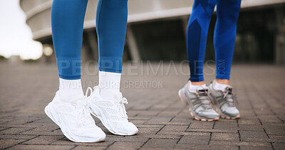 Buy stock photo Fitness, legs and warm up with personal trainer, outdoor or practice for marathon, feet and routine. People, training and getting ready to run, footwear and workout with instructor, wellness or sport