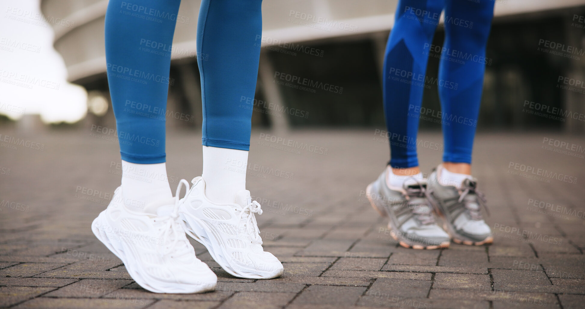 Buy stock photo Fitness, legs and warm up with personal trainer, outdoor or practice for marathon, feet and routine. People, training and getting ready to run, footwear and workout with instructor, wellness or sport