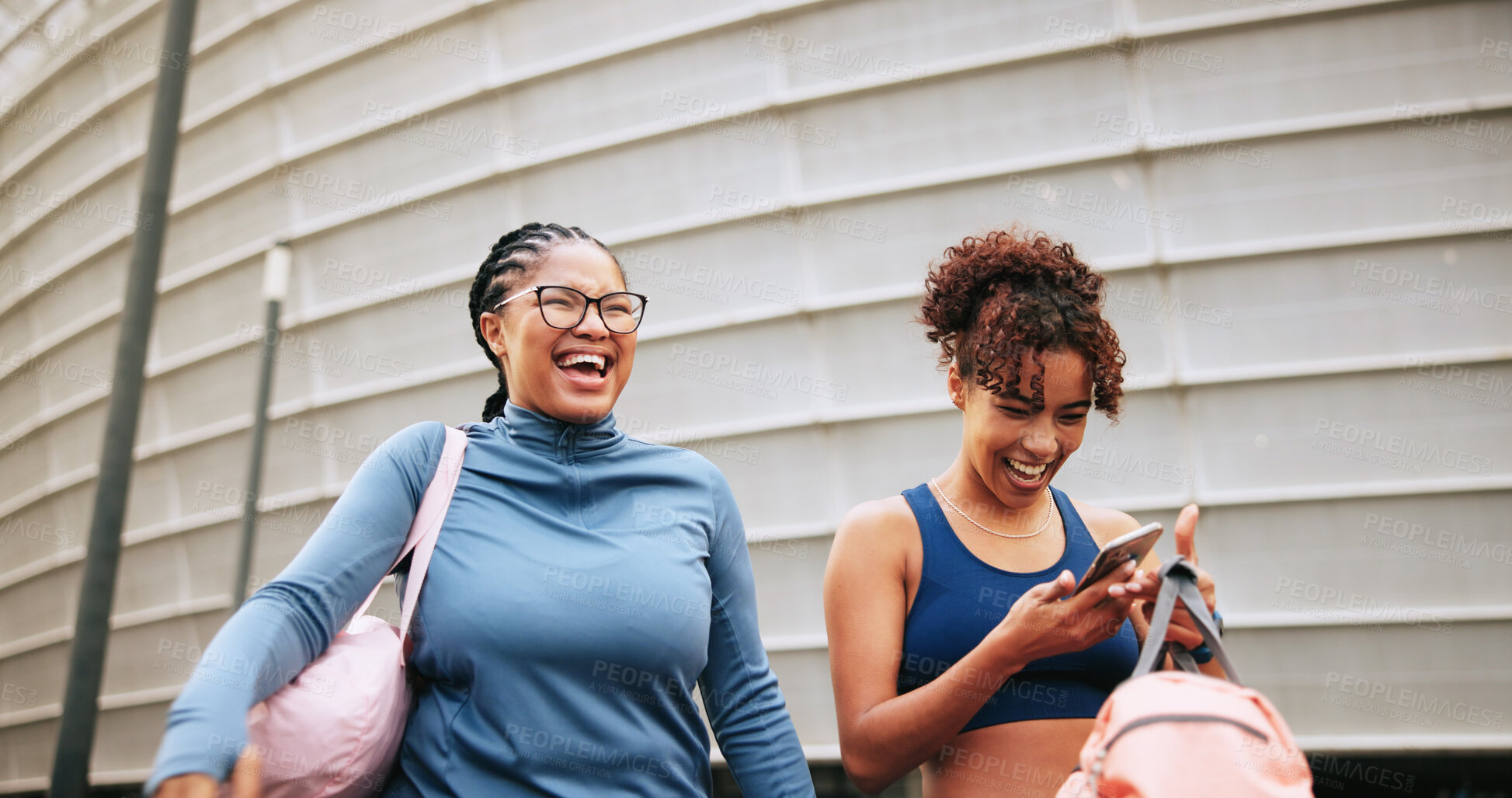 Buy stock photo Workout, laughing and teamwork with women in city for challenge, fitness and performance. Health, wellness and commitment with friends or people outdoor for training partner, exercise club and sports