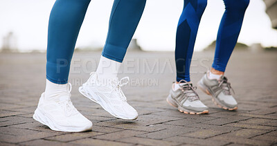 Buy stock photo Exercise, legs and warm up with personal trainer, outdoor or practice for marathon, feet or routine. People, training and getting ready to run, footwear and workout with instructor, fitness and sport