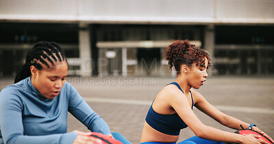 Buy stock photo Fitness, leg warm up and women in city with workout or training for wellness, health or activity. Sports, stretching and female athletes with exercise together in urban town for weightloss in morning