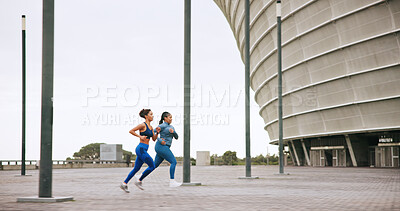 Buy stock photo Running, outdoor and women on race, energy and practice for competition, athlete or speed for sport. Fast, runner or training for marathon in city, African people and exercise for fitness or space