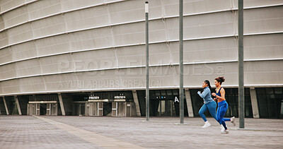 Buy stock photo Running, athlete and women on race, speed and practice for competition, energy or outdoor for sport. Fast, runner or training for marathon in city, African people and exercise for fitness or space