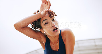 Buy stock photo Sweating, tired and fitness with portrait of woman for workout, performance and cardio. Breathing, fatigue and training with low angle of person outdoor for exercise, sports and wellness challenge
