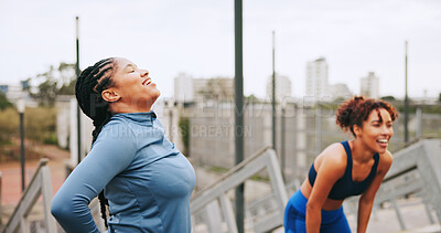 Buy stock photo Fitness, women and friends rest in city for workout, exercise and cardio health with fatigue. Sports, tired runners and happy people on break together for training recovery, practice and wellness