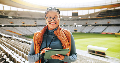 Buy stock photo Woman, coach and portrait with tablet at stadium for sports event, competition and review for tactics. African person, tech and smile with application for stats, pride and strategy for game in Kenya