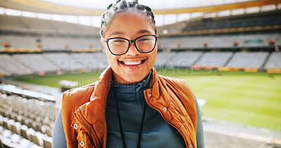 Buy stock photo Event, portrait and smile of black woman in sports arena for VIP access or tour of stadium. Competition, field or tournament with happy spectator person outdoor in grandstand of ground as fan