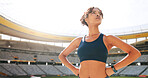 Stadium, athlete and woman with pride, outdoor or thinking of marathon, health or fitness for sport. Contemplating, runner and person with sportswear for tournament, serious and confident for event