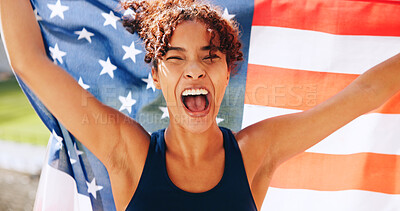 Buy stock photo Winner, runner and American flag with portrait of woman for sports success, patriot pride and champion. Usa athlete, achievement and tournament victory with excited person and shout in stadium