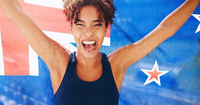Buy stock photo Winner, sports and portrait of woman with flag in New Zealand for winning, success or competition. Pride, runner and person with country symbol celebrate for international race, challenge and victory