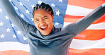 Winner, sports and American flag with portrait of black woman for runner success, patriot and champion. Usa athlete, achievement and tournament victory with excited person in stadium event or game