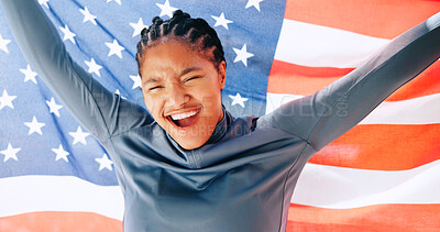 Buy stock photo Winner, sports and American flag with portrait of black woman for runner success, patriot and champion. Usa athlete, achievement and tournament victory with excited person in stadium event or game