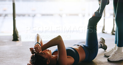 Buy stock photo Fitness, injury and leg of sports woman outdoor for cramp or muscle fatigue from training routine. Assistance, first aid or help with runner people at stadium or venue for exercise and workout