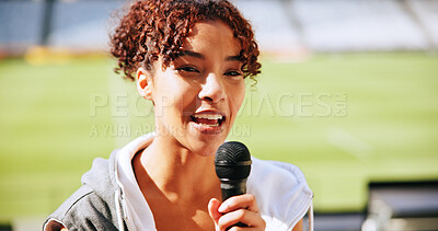 Buy stock photo Sports, broadcast and reporter with mic on stadium for fitness event, live game update or feedback. Media relations, woman and speaking at arena for match analysis, tournament coverage and journalism
