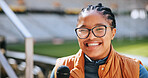 Microphone, portrait and sports presenter in stadium for event streaming or live broadcast. interview, news and television with happy journalist black woman at venue for media coverage of competition