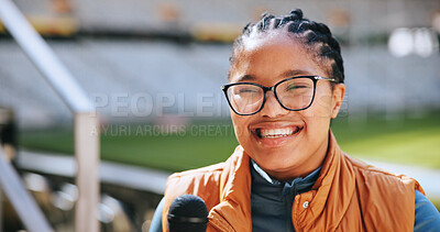 Buy stock photo Microphone, portrait and sports presenter in stadium for event streaming or live broadcast. Interview, news and television with happy journalist black woman at venue for media coverage of competition