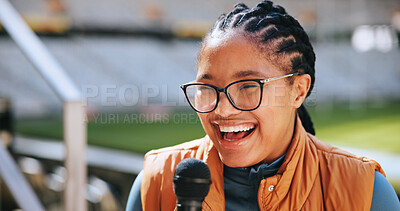 Buy stock photo Laughing, microphone and sports presenter in stadium for event streaming or live broadcast. Interview, news and television with funny journalist black woman at venue for media coverage of competition