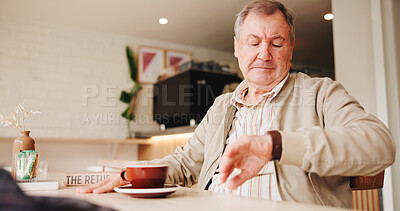 Buy stock photo Senior, waiting and time with man in cafe for customer service, coffee order and date. Hospitality, meal and bored elderly person with tea beverage in latte shop for arrival, cafeteria or restaurant