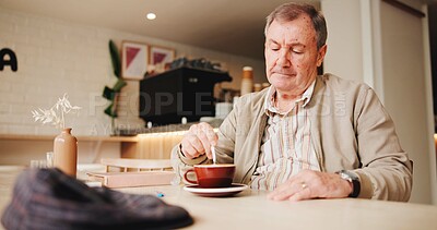 Buy stock photo Senior man, relax and coffee at cafe for calm morning, breakfast espresso and retirement break. Thinking, elderly person and stir beverage for lonely reflection, nostalgia memory and holiday wellness