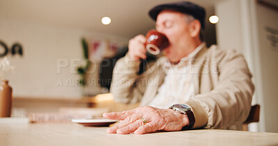 Buy stock photo Hands, senior man and coffee at cafe for calm morning, breakfast espresso and retirement break. Thinking, elderly person and drinking beverage with reflection, nostalgia memory and holiday wellness