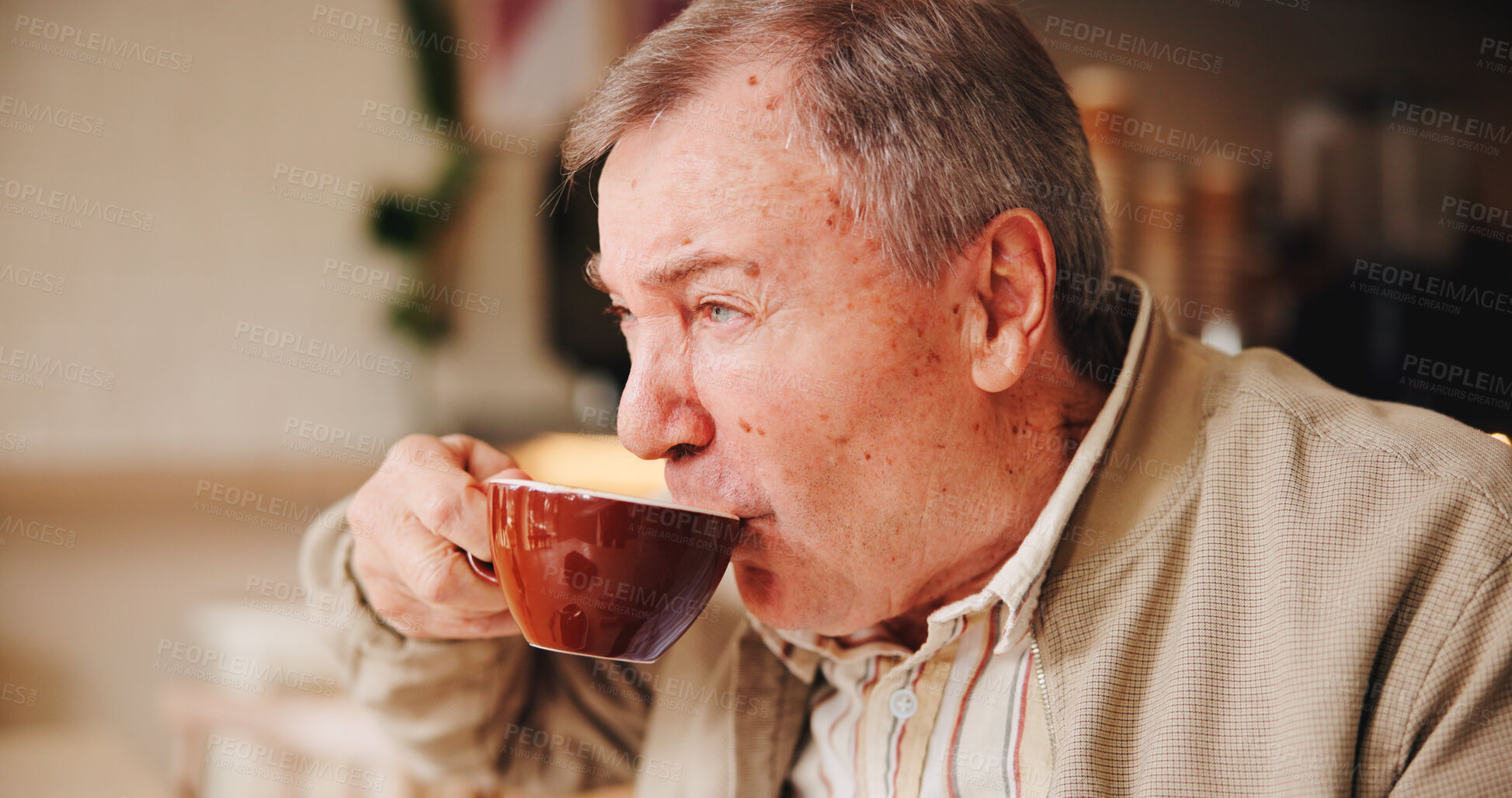 Buy stock photo Senior man, drinking and coffee at cafe for calm morning, breakfast espresso and retirement break. Thinking, elderly person and reflection with brunch beverage, nostalgia memory and holiday wellness