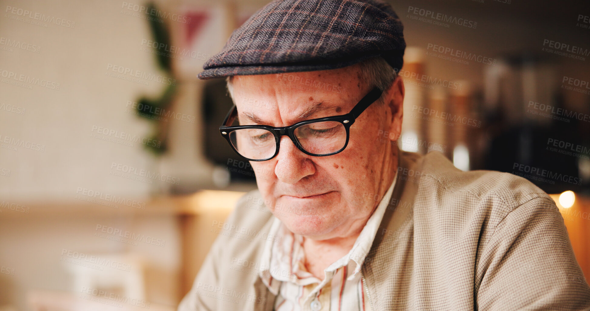 Buy stock photo Break, face and glasses with old man in coffee shop to relax for retirement, service or wellness. Eyewear, hat and hospitality with senior person in cafe or restaurant for time off as customer