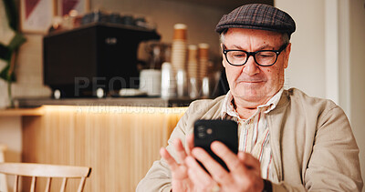 Buy stock photo Break, glasses and phone with old man in coffee shop to relax for retirement, service or wellness. Communication, eyewear and hat with happy senior customer browsing app in cafe or restaurant