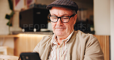 Buy stock photo Face, glasses and phone with old man in coffee shop to relax for retirement, service or wellness. App, hospitality and social media with happy senior person in cafe or restaurant as customer