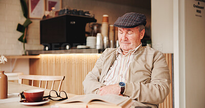 Buy stock photo Sleeping, book and senior man in coffee shop with fatigue, exhaustion or tired for morning. Cappuccino, resting and elderly male person in retirement with afternoon nap in cafe, restaurant or bistro.