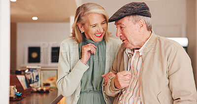 Buy stock photo Senior couple, cafe and happy for choice at counter with smile, date and excited at coffee shop. Elderly people, man and woman with decision, dessert and laugh with love for pastry sale at bakery