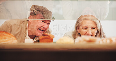 Buy stock photo Excited, couple and shopping at bakery for pastry, food and breakfast options with senior customers. Man, woman and display in store for dessert, meal choice and laugh for sweet snack on date at cafe