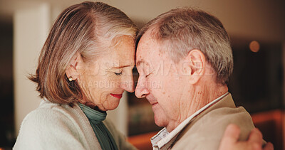 Buy stock photo Love, dance and forehead touch with old couple in home for romance, bonding and anniversary. Relationship, support and trust with elderly man and woman for connection, retirement and solidarity