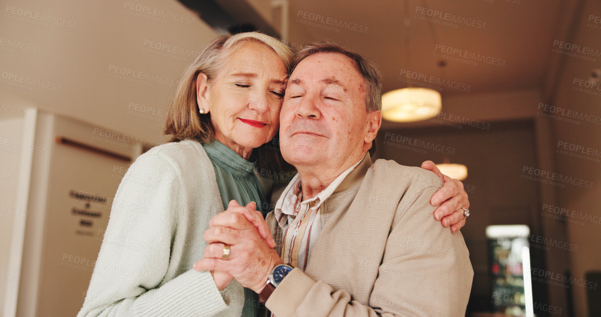 Buy stock photo Love, dance and smile with old couple holding hands for romance, bonding and anniversary. Care, support and trust with elderly man and woman for connection, retirement and solidarity together